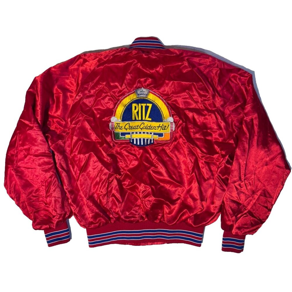 Vintage Nabisco Ritz Crackers Jukebox Red Satin Bomber Jacket Size M 3 Strikes